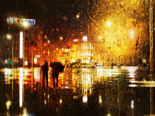 Couple at the rain at the city