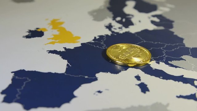 Golden bitcoin coin spinning over EU map. Financial concept. Situation of Bitcoin and other cryptocurrencies in European Union concept. 2 clips.