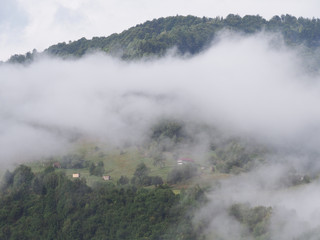 Fog at the village in the carpatian mountains