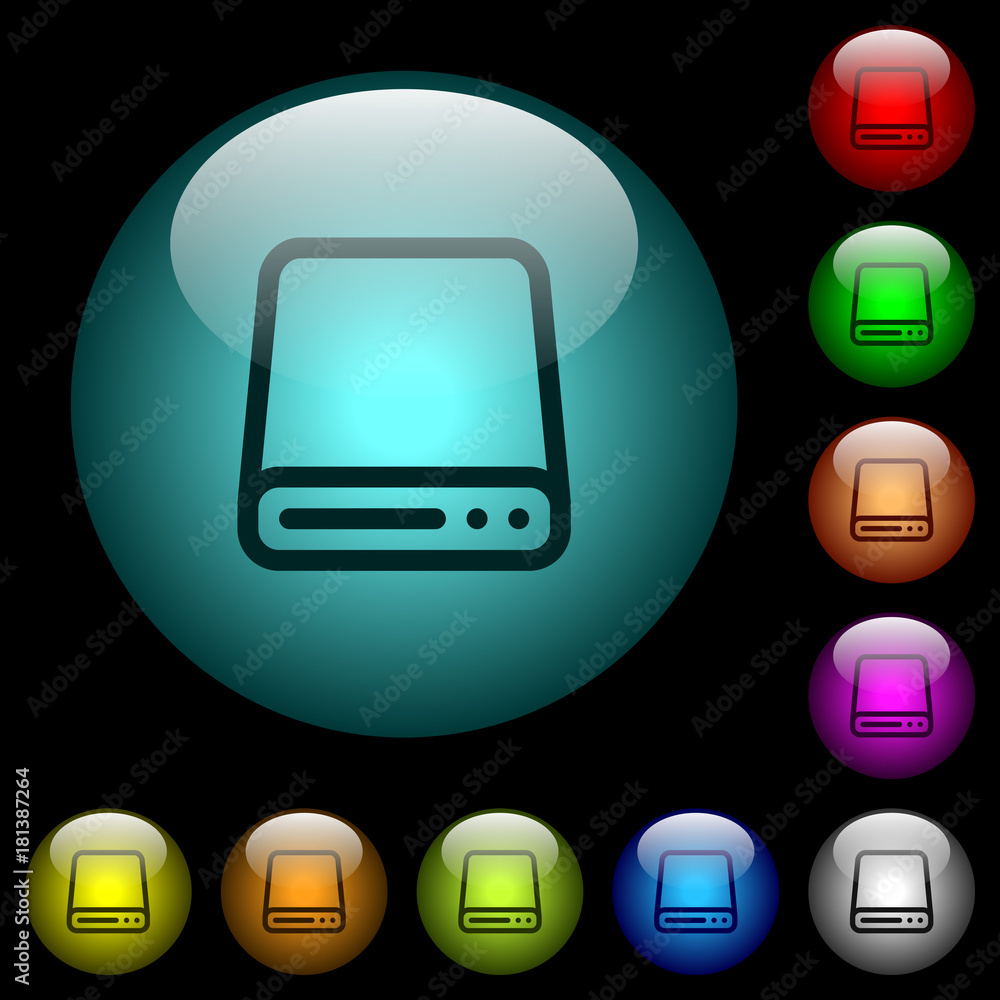 Poster hard disk drive icons in color illuminated glass buttons