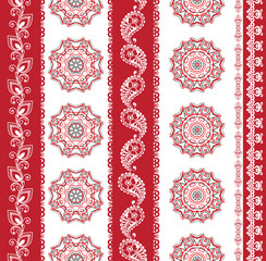 Striped seamless pattern with paisley. Floral wallpaper in red color