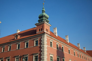 Building on blue sky background. brick wall
