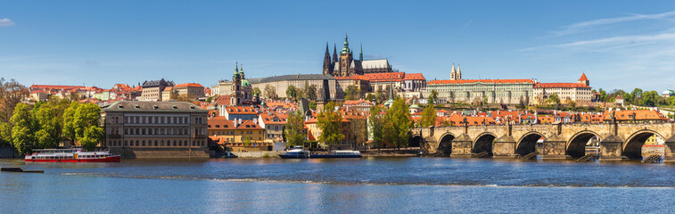 Prague panorama city skyline with Old Town, Prague Castle, Charles Bridge, St. Vitus Cathedral. Prague, Czech Republic