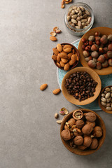 Various hazelnuts, almond and walnut in bowl