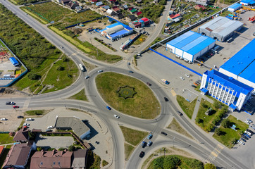 Tyumen, Russia - September 2, 2017: Aerial view onto Scherbakova and Veteranov Truda streets intersection