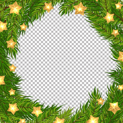 Christmas vector tree and gold stars decorative frame with transparent background. Realistic pine branches illustration