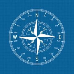 Compass. White drawing on blueprint background