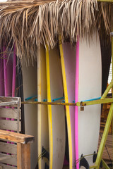 Surfboards in a stack for rent on beach