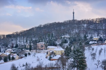 Fototapeta na wymiar Winter Prague Petrin Lookout Tower look like Eiffel Tower