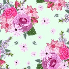 Schilderijen op glas Seamless vintage pattern with beautiful pink roses. Hand-drawn floral background for textile, cover, wallpaper, gift packaging, printing.Romantic design for calico, home textiles. © mrnvb