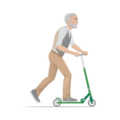 A colorful cartoon drawing, elderly fashionable, sports hipster man is riding a scooter. Vector illustration, isolated on background.