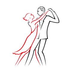 Graphic color linear drawing or logo, where a passionate couple in love, cartoon man and woman, dance tango. Luxury vector illustration, isolated on white background.