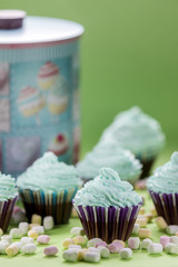 Cupcakes with minis marshmallows on green background