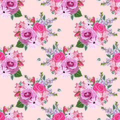 Naadloze vintage patroon met mooie roze rozen. Handgetekende bloemenachtergrond voor textiel, omslag, behang, geschenkverpakking, bedrukking. Romantisch ontwerp voor calico, huishoudtextiel.