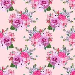 Stof per meter Bloemen Naadloze vintage patroon met mooie roze rozen. Handgetekende bloemenachtergrond voor textiel, omslag, behang, geschenkverpakking, bedrukking. Romantisch ontwerp voor calico, huishoudtextiel.