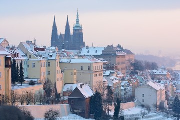 Winter Prague panorama with Prague Castle and historic architecture