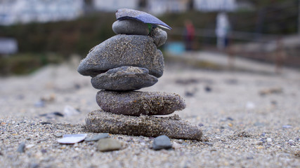Fototapeta na wymiar Pebble stack on a Cornish beach in late Autumn.