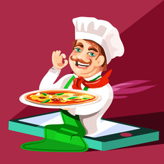 Pizza / food online delivery concept. Cute, cartoon chef with dish with pizza going out from the mobile phone screen. Vector cartoon, flat character, italian chef (chief), cooker