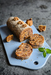 Sweet salami made of dried figs, dates, plums and walnuts