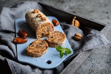Sweet salami made of dried figs, dates, plums and walnuts