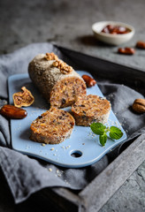 Sweet salami made of dried figs, dates, plums and walnuts