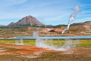 Myvatn geothermal area, northern Iceland. Geothermal power station near the blue lake