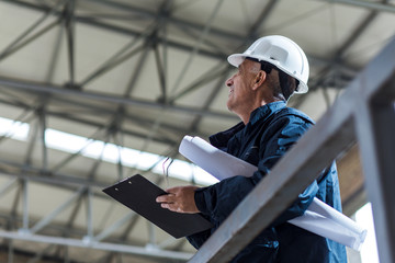 Senior construction manager controlling building site with plan.
