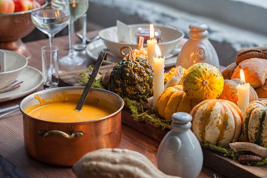 Autumn Table Setting With Pumpkins. Thanksgiving Dinner And Fall Decoration.