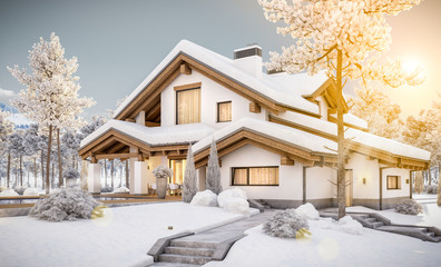 3d rendering of modern cozy house in chalet style