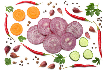 sliced red onion with parsley, garlic and spices isolated on white background top view