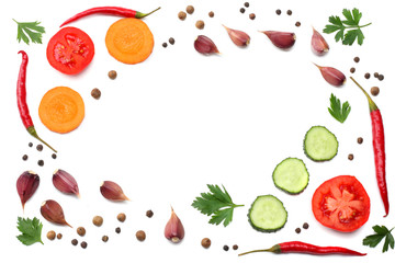 mix red hot chili peppers with parsley and sliced carrot and garlic isolated on white background top view