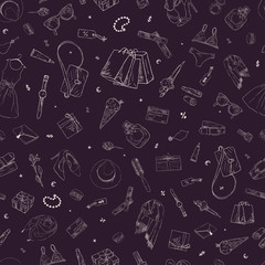 Seamless pattern with shopping icons. Woman holiday purchase, hand drawn background