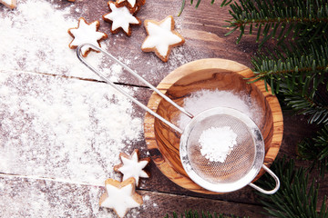 Baking christmas cookies. Typical cinnamon stars bakery