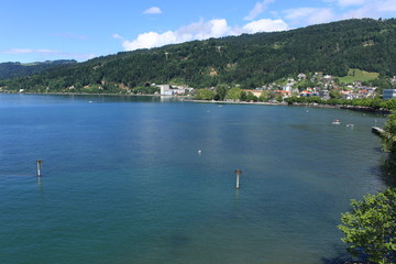 A view of the Bregenz Harbor on the coast of Lake Constance (Bodensee) in Vorarlberg, Austria.