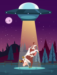 UFO kidnaps cow character. Vector cartoon illustration