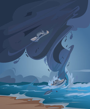 Tsunami and Tornado. Vector cartoon illustration