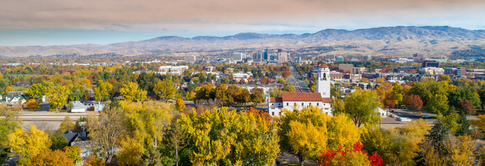 Boise City skyline with train depot and fall trees