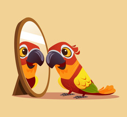 Obraz premium Surprised curious parrot character looking at mirror. Vector cartoon illustration