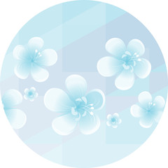 White Blue flowers isolated on soft Light Blue polygonal background in circle. Apple-tree flowers. Cherry blossom. Vector