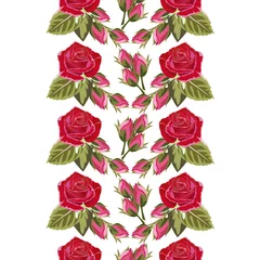  Seamless pattern with red roses. Hand-drawn floral background for printing on fabric, clothing, home textiles, wallpaper, gift wrapping. Romantic design. Vertical border. © mrnvb