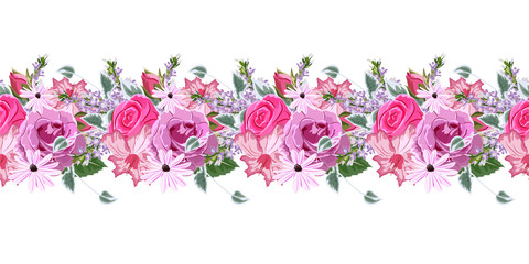 Fototapeta na wymiar Seamless floral border with beautiful roses. Hand-drawn pattern on white background. Design element for cards, invitations, wedding, congratulations. Panoramic format.