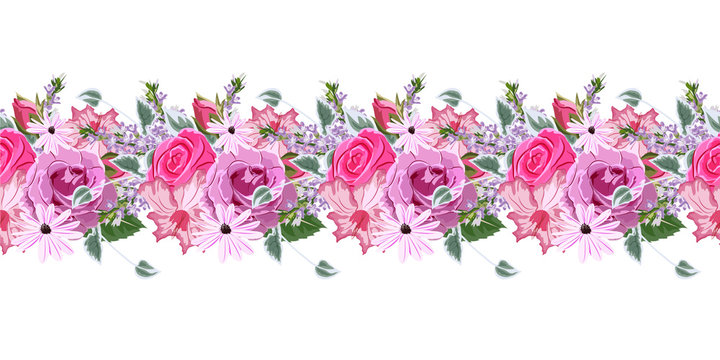 Seamless floral border with beautiful roses. Hand-drawn pattern on white background. Design element for cards, invitations, wedding, congratulations. Panoramic format.