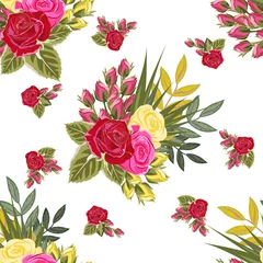 Plexiglas foto achterwand Seamless pattern with beautiful roses. Hand-drawn floral background for printing on fabric, clothing, home textiles, wallpaper, gift wrapping. Bright festive design. © mrnvb
