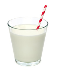 Fresh milk in the glass with straw on white background including clipping path