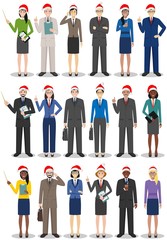 Christmas business team. Teamwork concept. Set of different detailed illustration of business men and women in Santa Claus hats. Different nationalities and dress styles. Flat design people characters