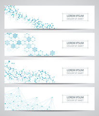 Fototapeta premium Set of abstract banner design, dna molecule structure background. Geometric graphics and connected lines with dots. Scientific and technological concept, vector illustration