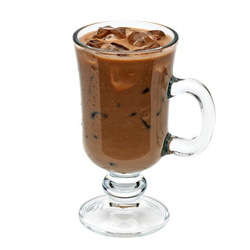 Iced coffee or mocha in irish coffee glass isolated on white background including clipping path