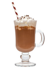 Latte with cream in irish coffee mug on white background included clipping path