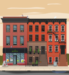 Illustration of a city landscape with townhouses. Brooklyn street view. Flat art style. Housing, real estate market, architecture design, property investment concept banner.