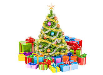 Christmas and New Year holidays concept. Christmas tree and gift boxes, 3D rendering